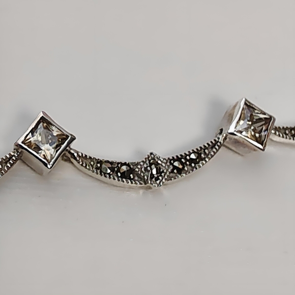 Vintage Marsala Sterling Silver Bib Necklace with Marcasite and CZ's 16 inch - Picture 7 of 13